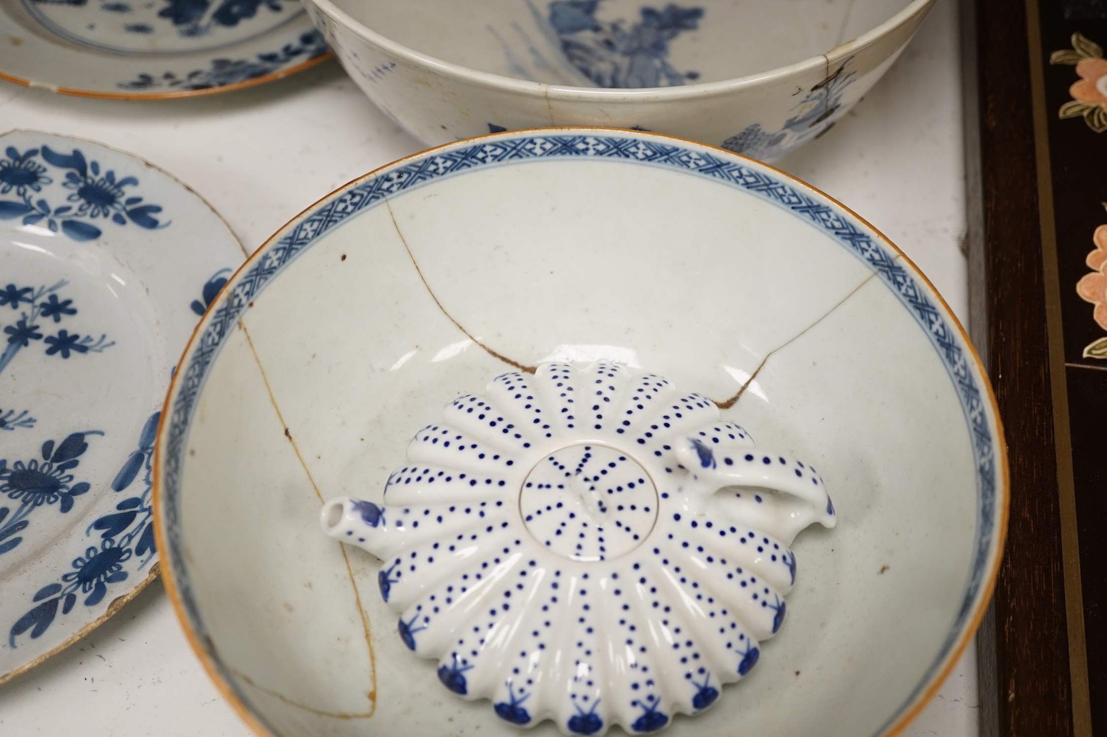 A group of mostly Chinese and Japanese ceramics, 18th century and later together with a Delft plate, tallest 30cm